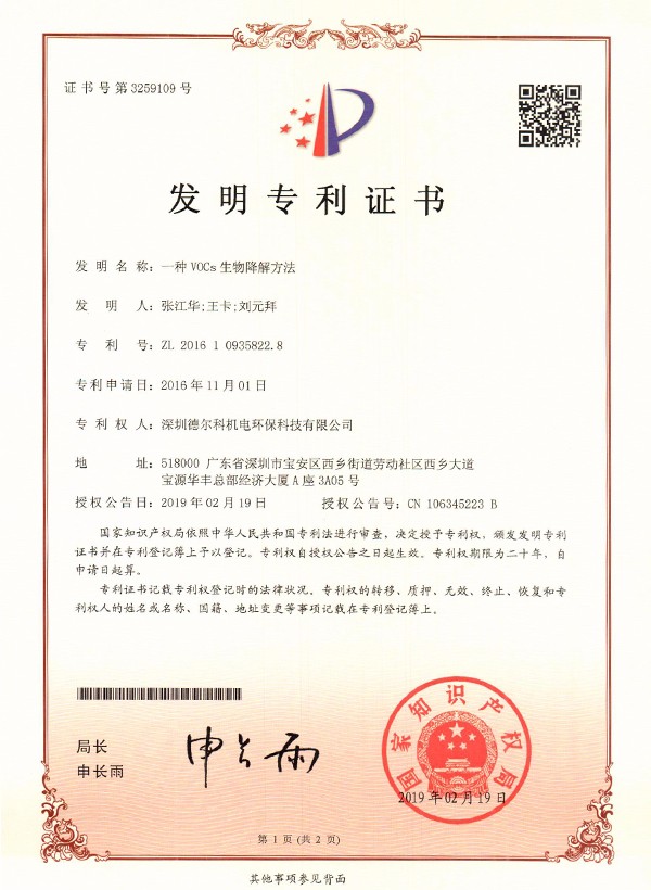 一种VOCS生物降解方法证书1